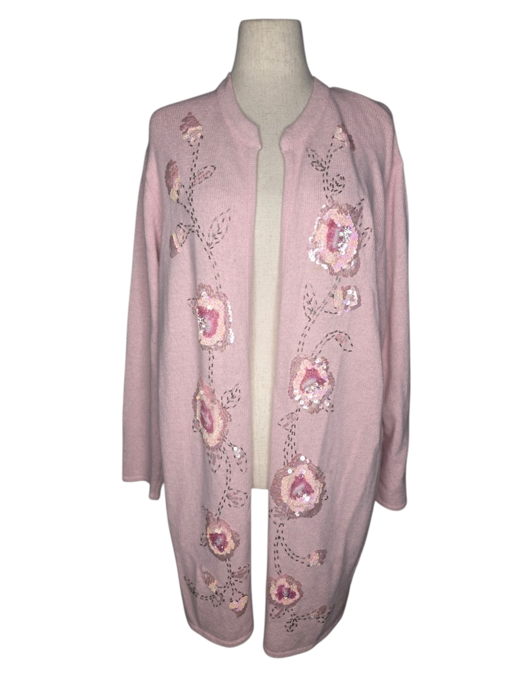 Victor Costa Pink Sequin Floral Cardigan Silk Angora 1X Open Front